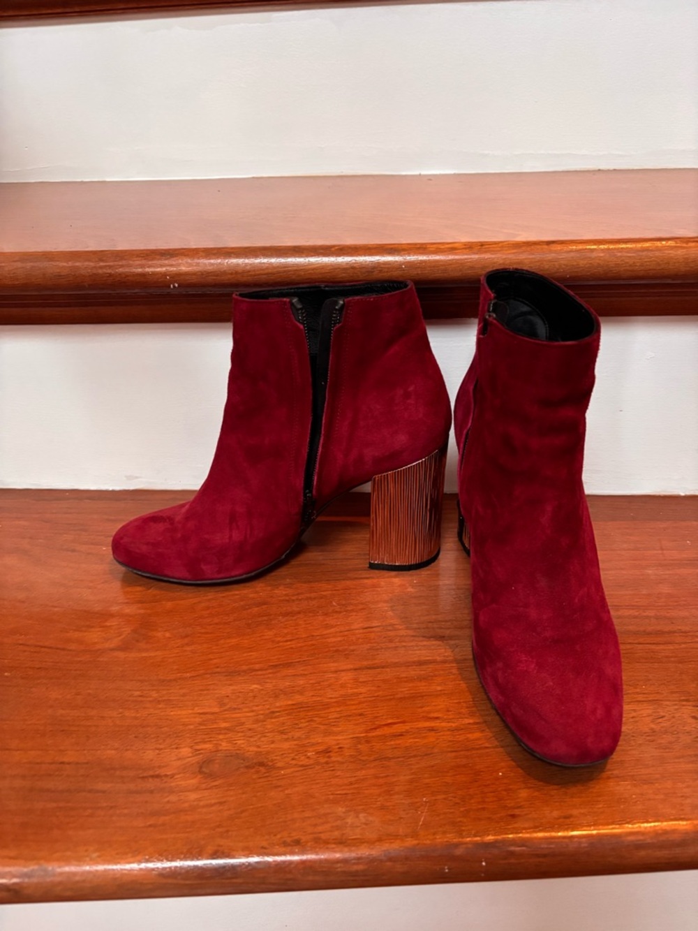 Women's Burgundy Suede Ankle Booties with Side Zip and gold heel